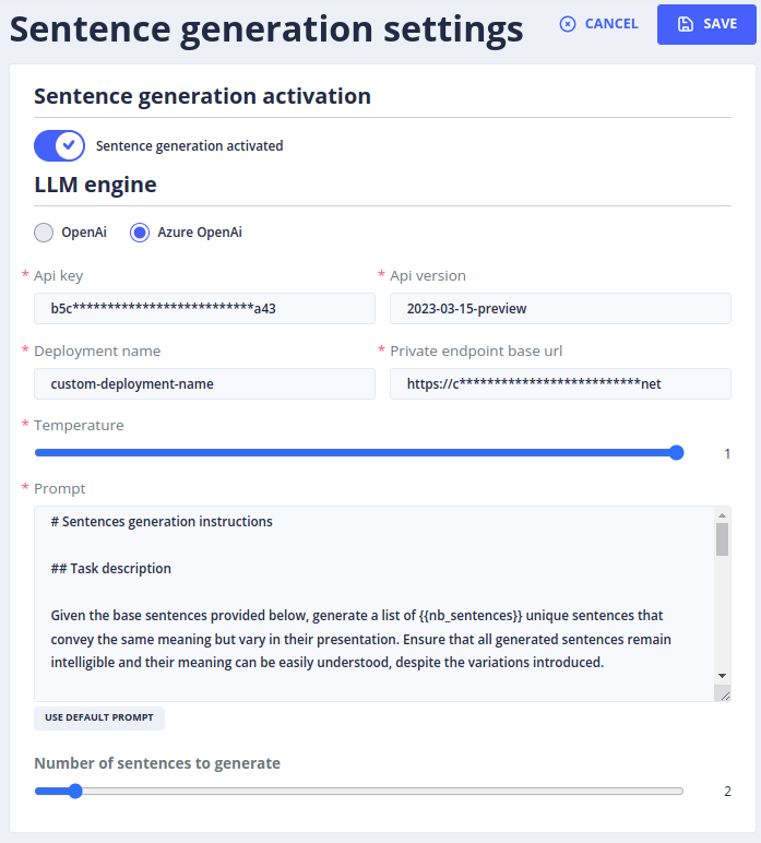 Génération des phrases - Configuration